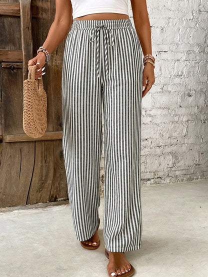 Effortless Striped Linen Wide Leg Pants for Women with High Waist Drawstring Flowing Casual Style