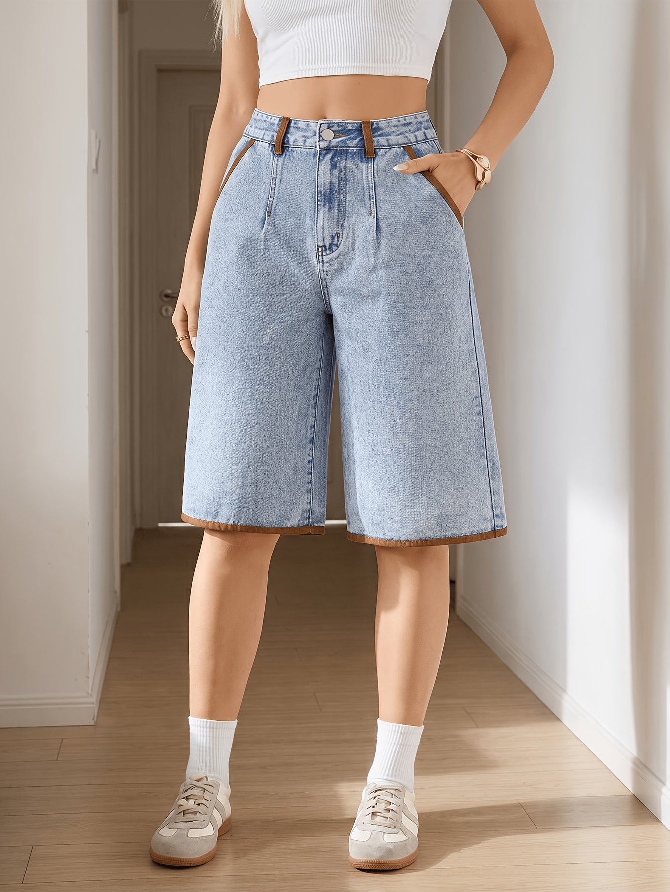 Effortless Light Blue Denim Culotte Jean Shorts for Women with High Waist Wide Leg Raw Hem