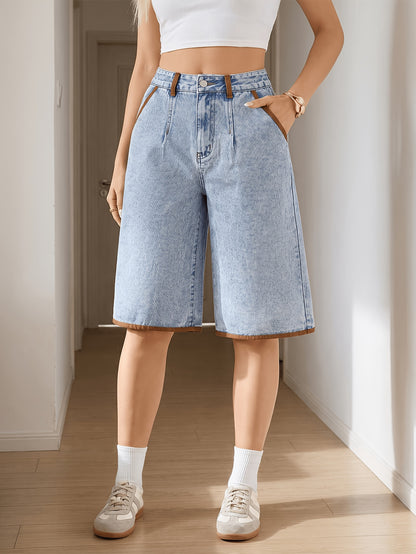 Effortless Light Blue Denim Culotte Jean Shorts for Women with High Waist Wide Leg Raw Hem