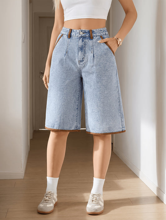 Effortless Light Blue Denim Culotte Jean Shorts for Women with High Waist Wide Leg Raw Hem