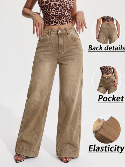 Effortless Brown Wash Flare Jeans for Women with High Waist Button Front Pocket Detail Relaxed Style