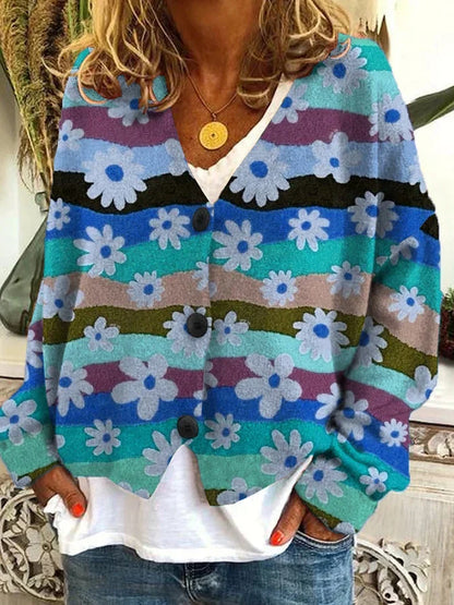 Cozy Floral Knit Cardigan for Women with V Neck Long Sleeve Striped Button Front Style
