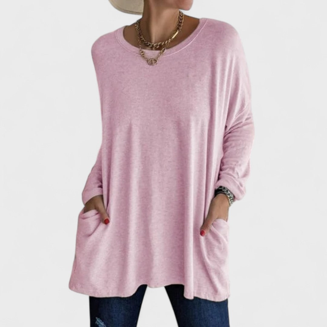 Comfortable Oversized Tunic for Women with Crew Neck Long Sleeve Side Pocket Relaxed Style