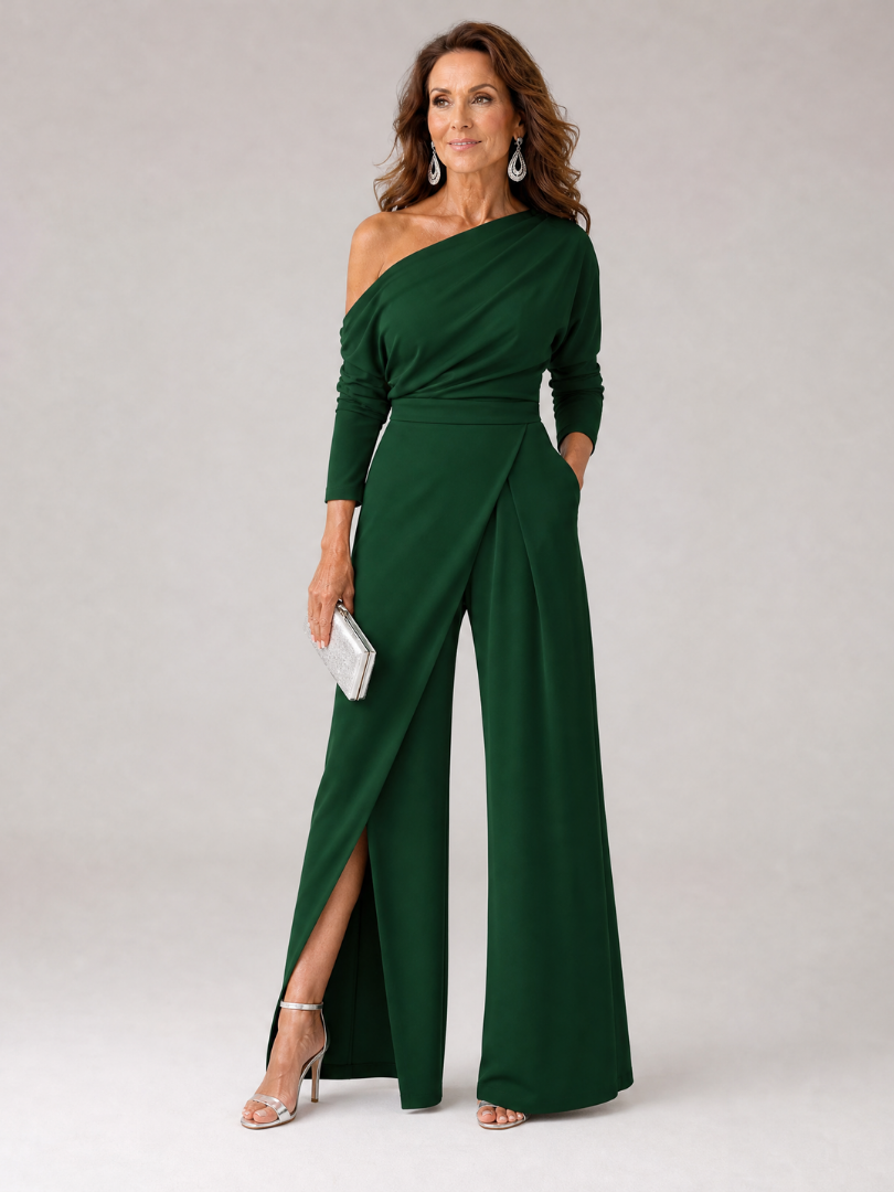 Elegant Wide Leg Jumpsuit for Women with One Shoulder Long Sleeve Draped Waist Formal Wedding Guest Style