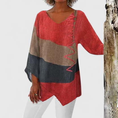Effortless Colorblock Linen Tunic for Women with V Neck Batwing Sleeve Asymmetric Hem Bohemian Style
