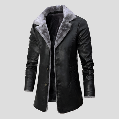 Rugged Faux Leather Trench Coat for Men with Notched Lapel Long Sleeve Button Front Belted Style