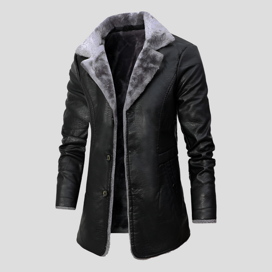 Rugged Faux Leather Trench Coat for Men with Notched Lapel Long Sleeve Button Front Belted Style