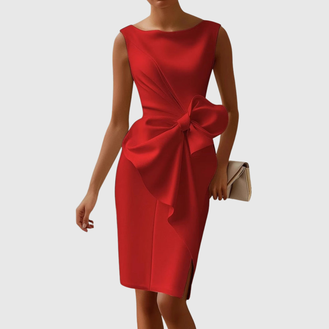 Elegant Red Satin Midi Dress for Women with Bateau Neck Sleeveless Bow Waist Formal Wedding Guest Style
