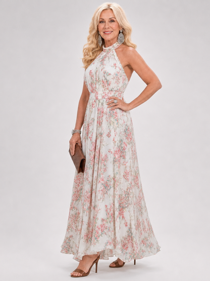 Elegant Ivory Floral Cocktail Dress for Women with Halter Neck Pleated Tie Waist Flowing Wedding Guest Style
