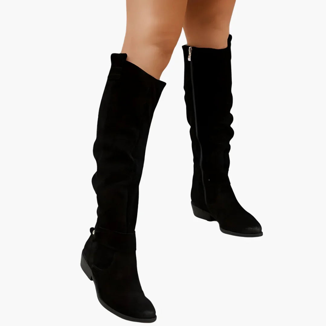 Chic Suede Knee High Boots for Women with Slouchy Shaft Side Zip Buckle Detail Casual Style