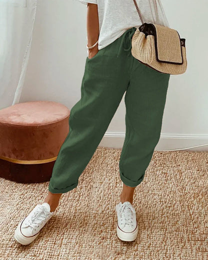 Effortless Linen Tapered Pants for Women with High Waist Drawstring Relaxed Cuffed Hem Casual Style