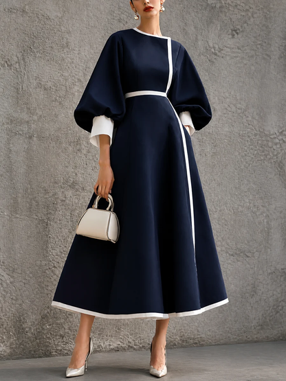 Elegant Navy Blue Dress for Women with Round Neck Bishop Sleeve Contrast Trim Cinched Waist A Line Midi Style