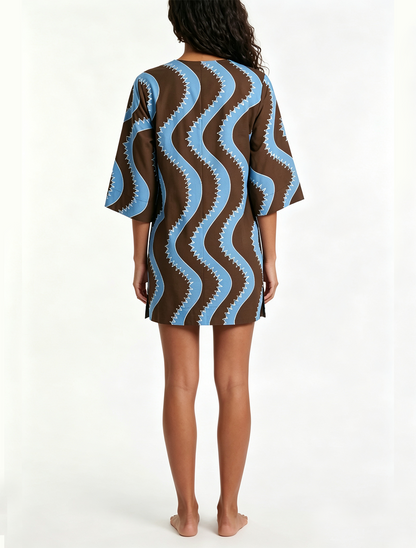 Effortless Wave Print Mini Dress for Women with Collared Elbow Sleeve Button Front