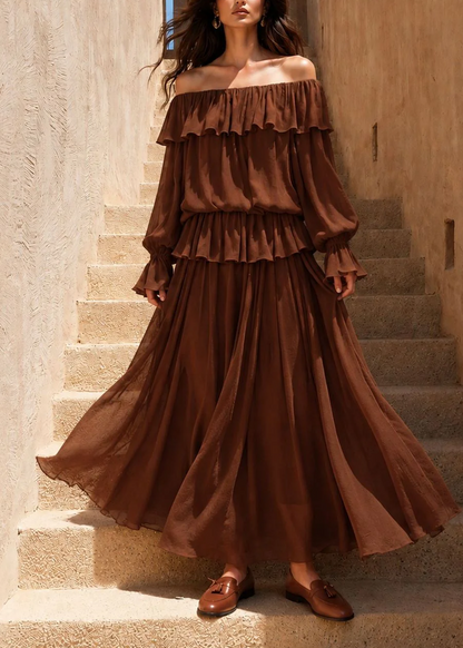 Effortless Brown Dress for Women with Off Shoulder Long Sleeve Ruffle Tiered Flowing Bohemian Style