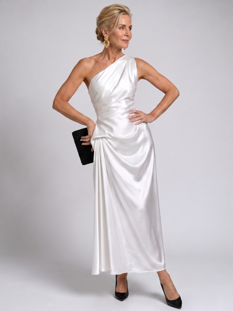 Elegant Satin Midi Dress for Women with One Shoulder Draped Ruched Waist Formal Wedding Guest Style