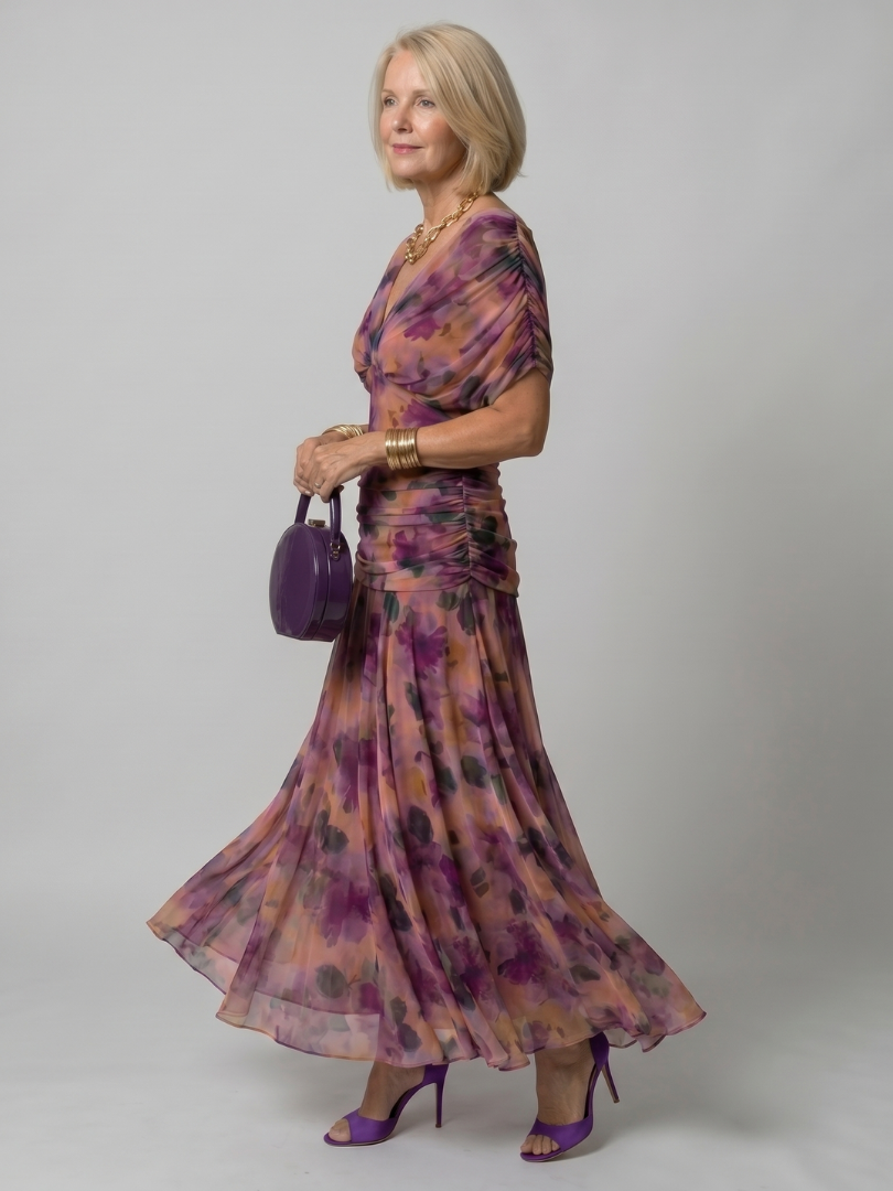 Elegant Purple Dress for Women with V Neck Flutter Sleeve Floral Ruched Maxi Wedding Guest Style