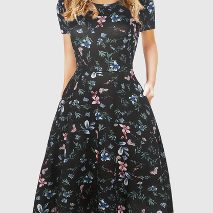 Elegant A Line Dress for Women with Round Neck Short Sleeve Fit and Flare Midi Casual Retro Style