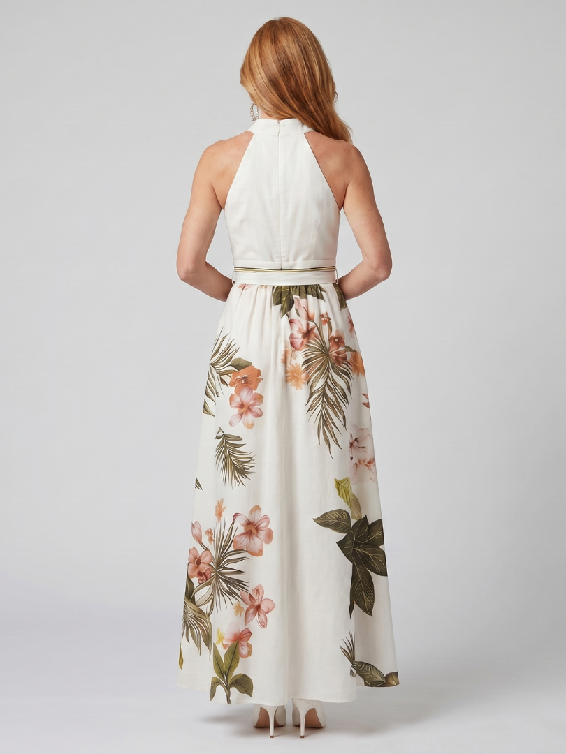 Elegant White Tropical Floral Maxi Dress for Women with Halter Neck Tie Waist Flowing Style