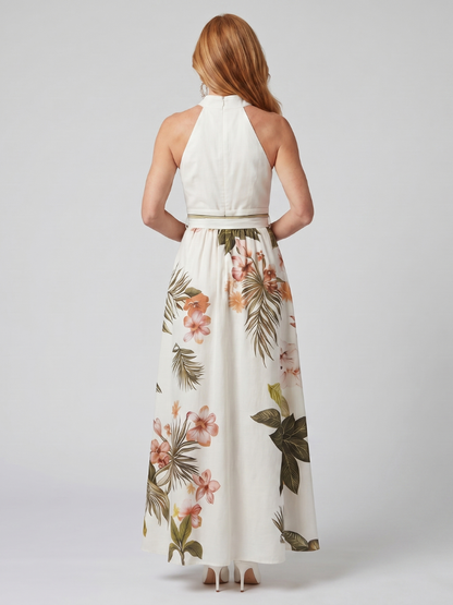 Elegant White Tropical Floral Maxi Dress for Women with Halter Neck Tie Waist Flowing Style