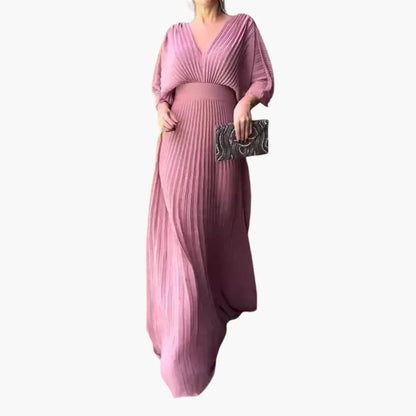 Elegant Pleated Fall Wedding Guest Dress for Women with V Neck Bell Sleeve Maxi Flowing Style