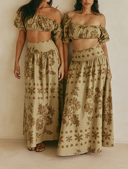 Effortless Green Floral Print Matching Set for Women with Off Shoulder Puff Sleeve Maxi Skirt
