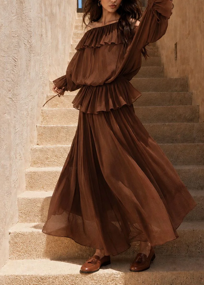 Effortless Brown Dress for Women with Off Shoulder Long Sleeve Ruffle Tiered Flowing Bohemian Style