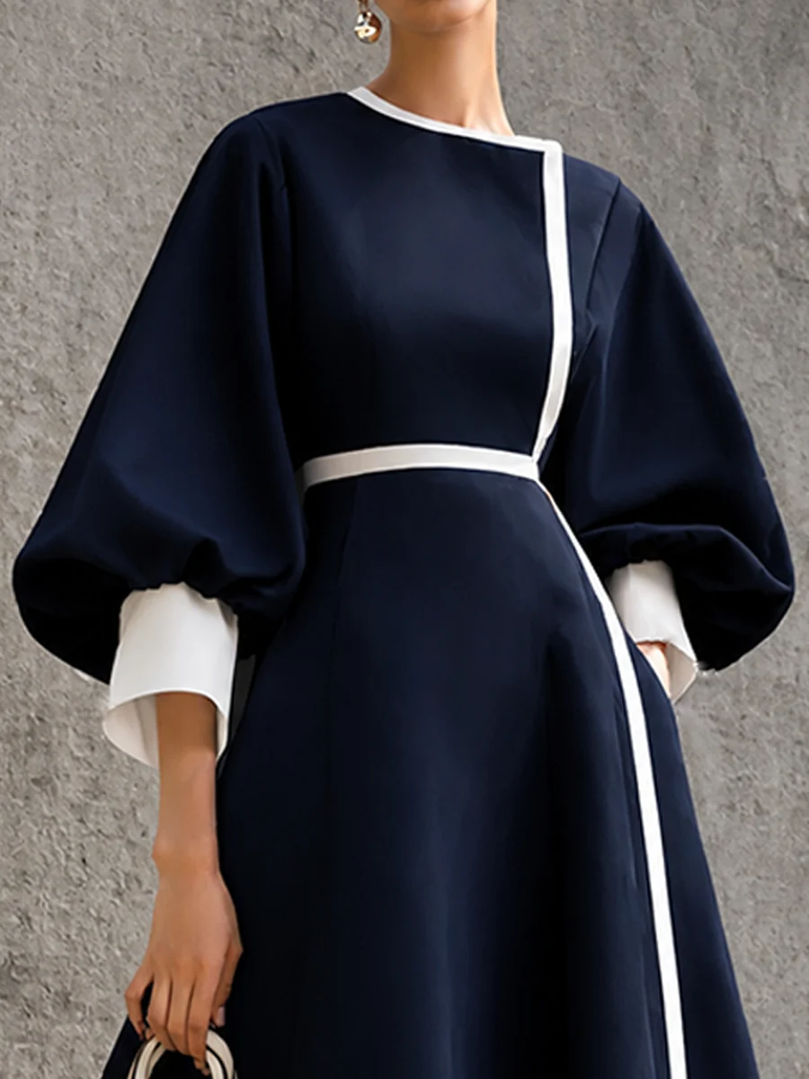 Elegant Navy Blue Dress for Women with Round Neck Bishop Sleeve Contrast Trim Cinched Waist A Line Midi Style