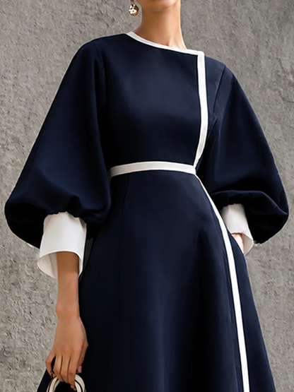 Elegant Navy Blue Dress for Women with Round Neck Bishop Sleeve Contrast Trim Cinched Waist A Line Midi Style
