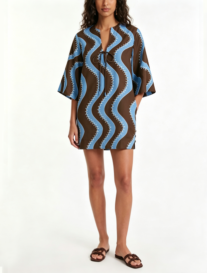Effortless Wave Print Mini Dress for Women with Collared Elbow Sleeve Button Front