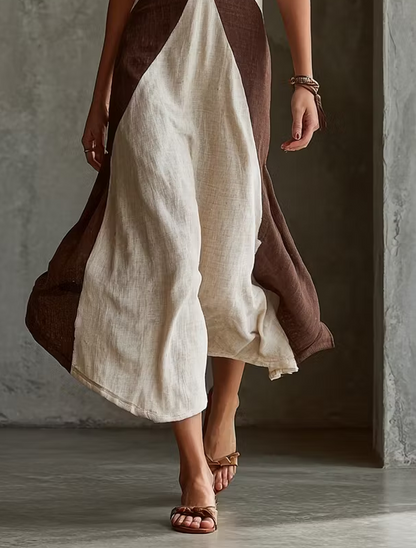 Effortless Beige Color Block Halter Maxi Dress for Women with Deep V Neck