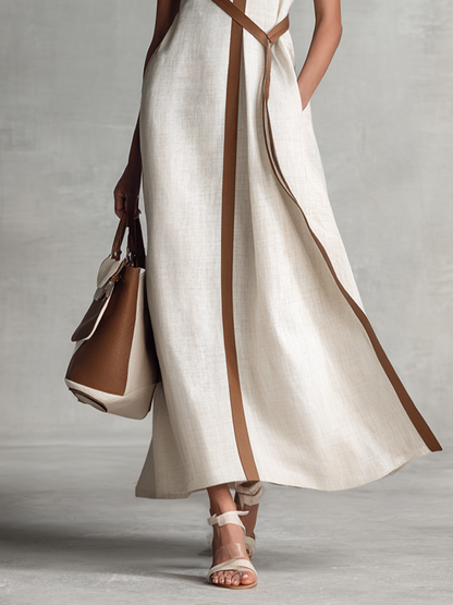 Elegant White Linen Maxi Dress for Women with V Neck Contrast Belt Tie Waist Sleeveless Casual Style
