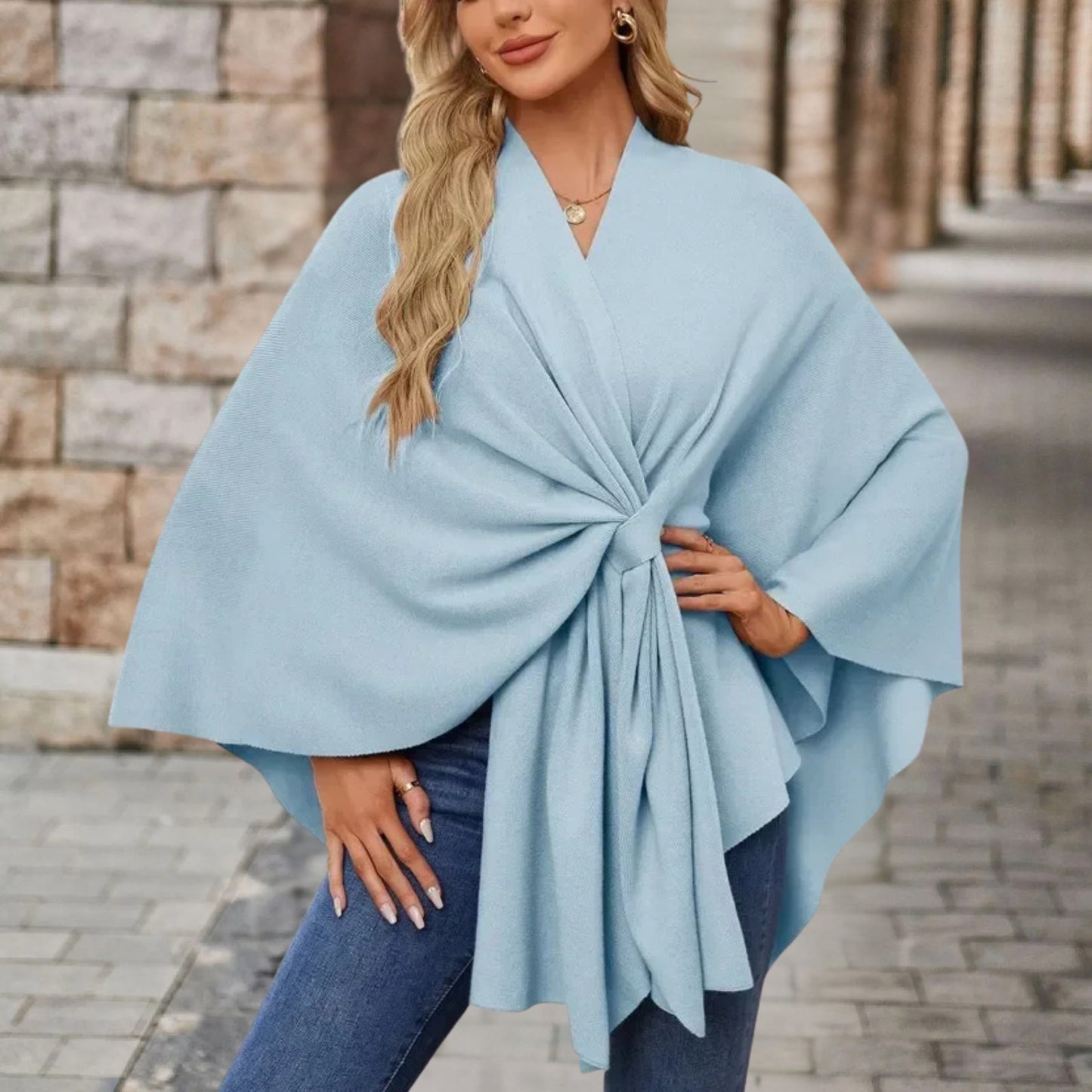 Elegant Knit Poncho for Women with V Neck Batwing Sleeve Tie Waist Wrap Style