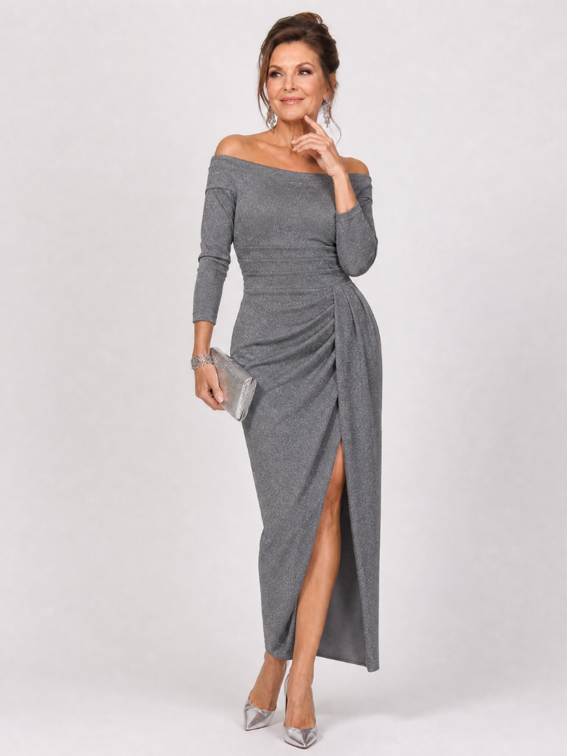 Elegant Midi Dress for Women with Off Shoulder Long Sleeve Ruched Side Slit Formal Wedding Guest Style