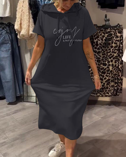Comfortable Orange Hoodie Midi Dress for Women with Drawstring Hood Short Sleeve Kangaroo Pocket Relaxed Style