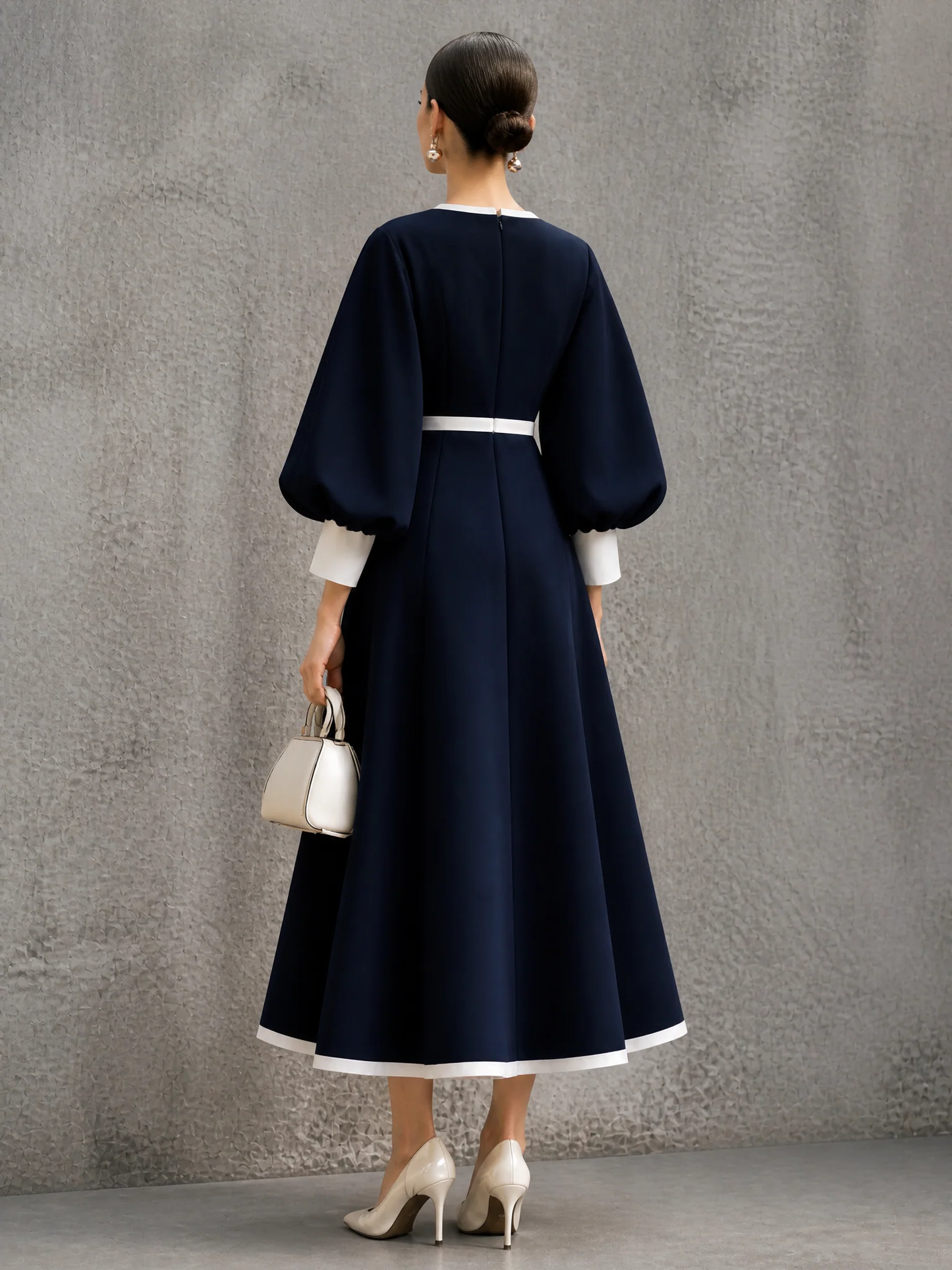 Elegant Navy Blue Dress for Women with Round Neck Bishop Sleeve Contrast Trim Cinched Waist A Line Midi Style