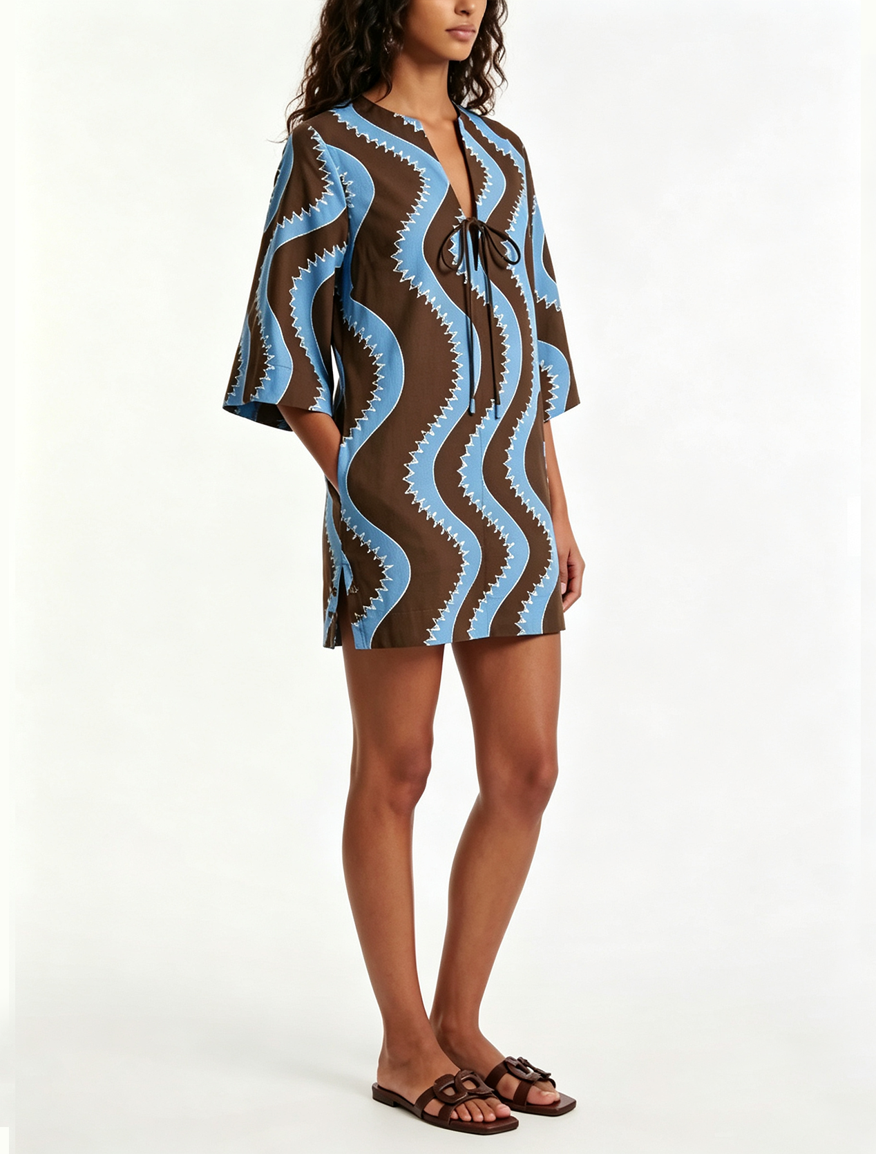 Effortless Wave Print Mini Dress for Women with Collared Elbow Sleeve Button Front