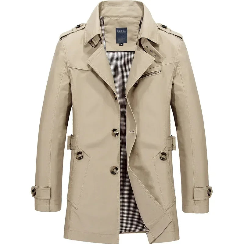 Classic Trench Coat for Men with Notch Lapel Long Sleeve Single Breasted Mid Length Style