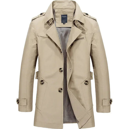 Classic Trench Coat for Men with Notch Lapel Long Sleeve Single Breasted Mid Length Style