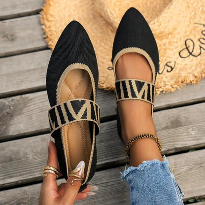 Comfortable Mary Jane Shoes for Women with Pointed Toe Knit Strap Flat Slip On Style