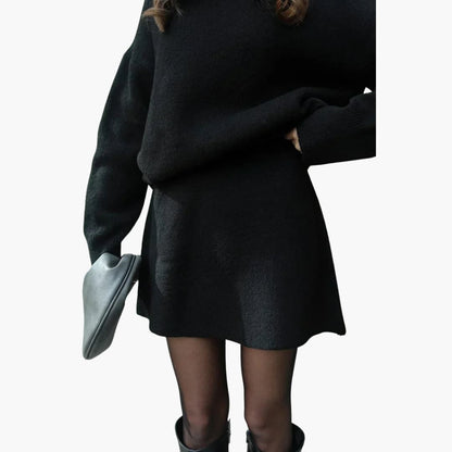 Chic Black Knit Two Piece Set for Women with Crew Neck Sweater High Waist Mini Skirt Lounge Style