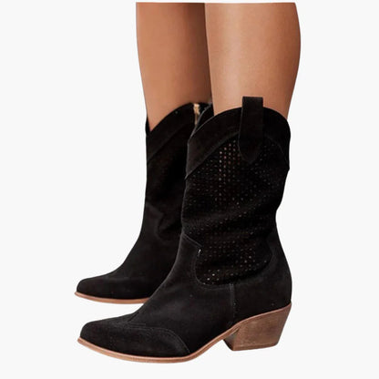 Stylish Perforated Leather Women's Boots for Women with Pointed Toe Block Heel Western Cowboy Style