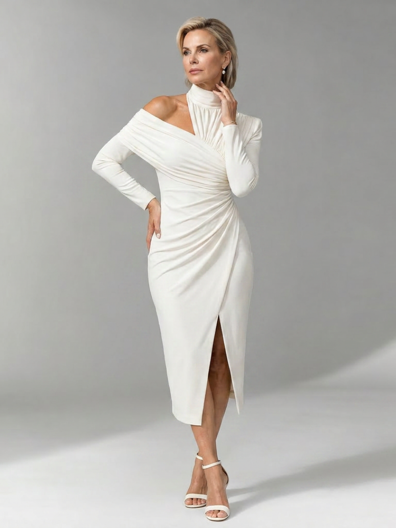 Elegant Midi Dress for Women with Mock Neck One Shoulder Long Sleeve Ruched Fitted Formal Wedding Guest Style
