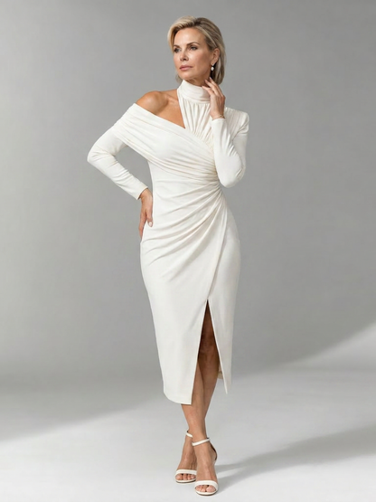 Elegant Midi Dress for Women with Mock Neck One Shoulder Long Sleeve Ruched Fitted Formal Wedding Guest Style