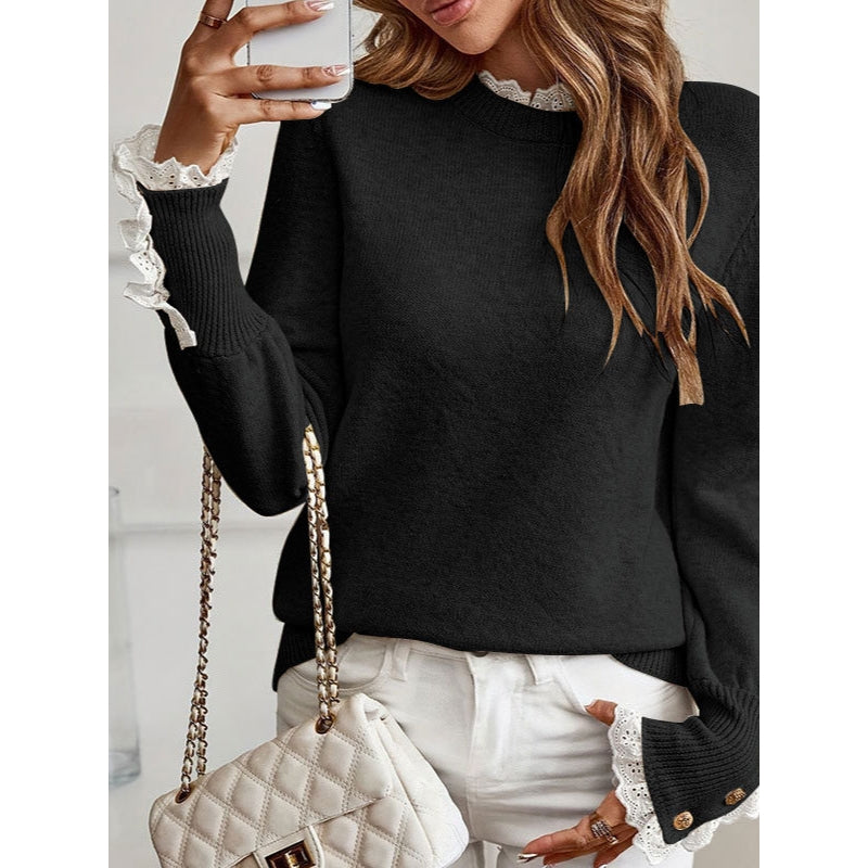 Comfortable Lace Trim Sweater for Women with High Neck Long Sleeve Button Cuff Relaxed Knit Style