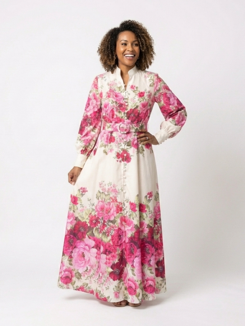 Elegant Pink Floral Autumn Wedding Guest Dress for Women with Mandarin Collar Long Sleeve Belted Maxi Style
