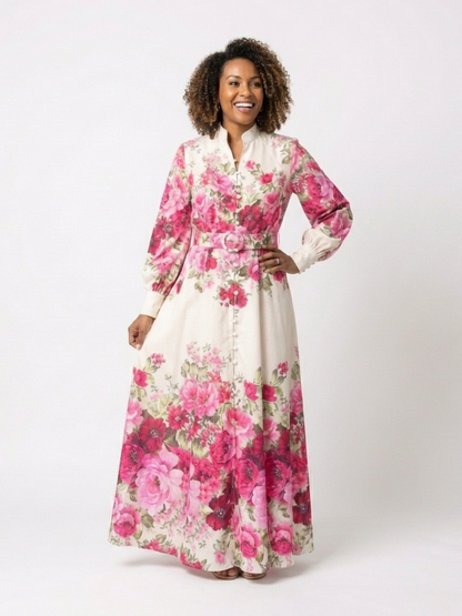 Elegant Pink Floral Autumn Wedding Guest Dress for Women with Mandarin Collar Long Sleeve Belted Maxi Style