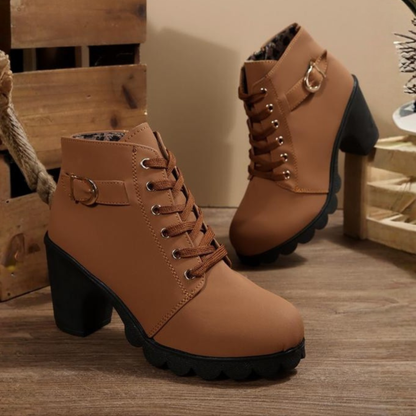 Stylish Suede Lace Up Women Boots with Buckle Strap Chunky Heel Ankle Style