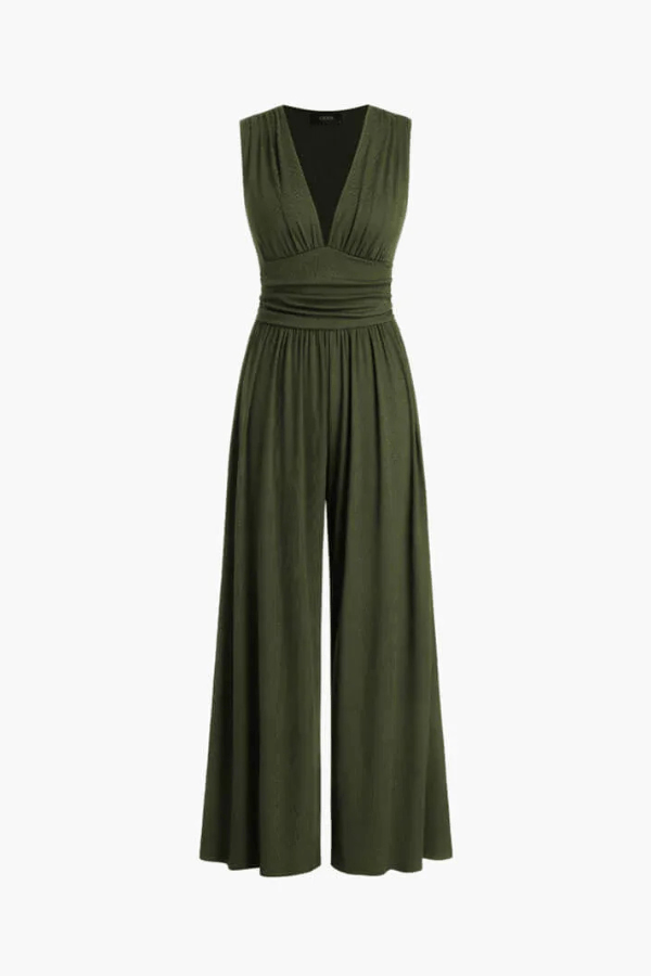 Elegant Wide Leg Jumpsuit for Women with V Neck Sleeveless Ruched Waist Flowing Style