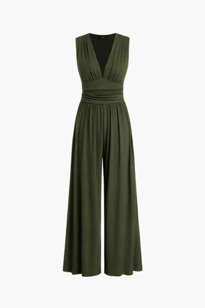 Elegant Wide Leg Jumpsuit for Women with V Neck Sleeveless Ruched Waist Flowing Style