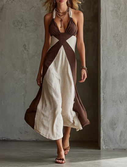 Effortless Beige Color Block Halter Maxi Dress for Women with Deep V Neck